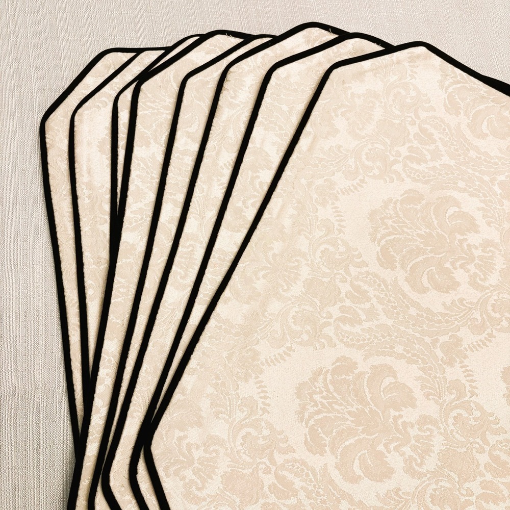 Vintage W-C Designs 1992 Ivory Damask Placemats Set 8 Velvet Trim 13x18